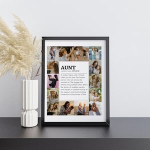 May include: A black framed collage with a white background featuring a photo montage of a woman with her family. The text "AUNT Jessica" is printed in bold black letters with a definition of the word "aunt" below.