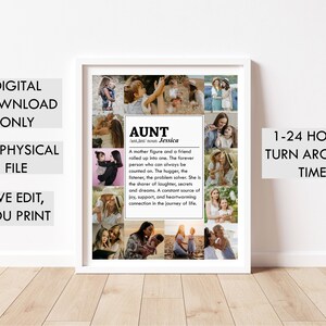 May include: A digital printable collage featuring a definition of the word "Aunt" with a photo montage of women and children. The definition reads: "A mother figure and a friend rolled up into one. The forever person who can always be counted on. The hugger, the listener, the problem solver. She is the sharer of laughter, secrets and dreams. A constant source of joy, support, and heartwarming connection in the journey of life."