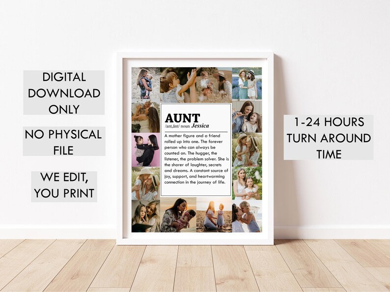May include: A digital printable collage featuring a definition of the word "Aunt" with a photo montage of women and children. The definition reads: "A mother figure and a friend rolled up into one. The forever person who can always be counted on. The hugger, the listener, the problem solver. She is the sharer of laughter, secrets and dreams. A constant source of joy, support, and heartwarming connection in the journey of life."
