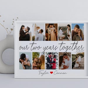Könnte beinhalten: Eine Collage aus Fotos, die zwei Jahre zusammen feiern, mit einem Paar in verschiedenen Umgebungen. Die Collage ist weiß gerahmt und enthält den Text "our two years together" und das Datum "10.08.2025". Die Namen "Taylor" und "Connan" sind ebenfalls unten in der Collage enthalten.