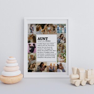 May include: A white framed print with a collage of photos of a family. The print has the word "AUNT" with the name "Jessica" underneath. The text below the name defines the word "aunt" as a mother figure and a friend.
