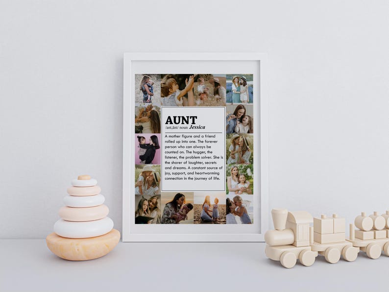 May include: A white framed print with a collage of photos of a family. The print has the word "AUNT" with the name "Jessica" underneath. The text below the name defines the word "aunt" as a mother figure and a friend.