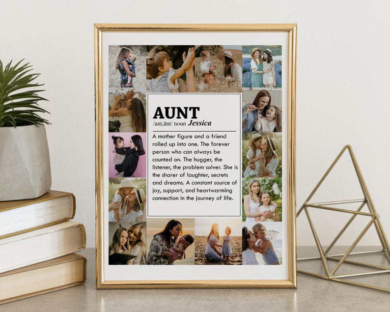 May include: A collage of photos with the word "AUNT" and the definition "A mother figure and a friend rolled up into one. The forever person who can always be counted on. The hugger, the listener, the problem solver. She is the sharer of laughter, secrets and dreams. A constant source of joy, support, and heartwarming connection in the journey of life."