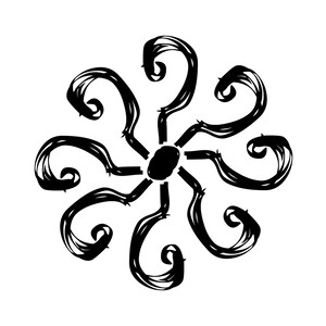 Könnte beinhalten: Eine Schwarzweißillustration einer stilisierten Sonne mit acht Strahlen. Jeder Strahl ist eine geschwungene Linie mit einer Schleife am Ende.