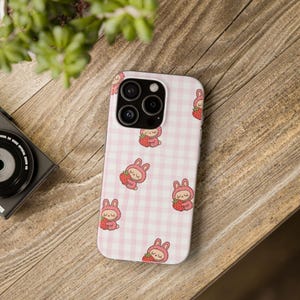 Cute Strawberry Bubu Flexi Phone Case, Kawaii Tech Accessory, Unique Gift for Teens, Pastel Aesthetic, Spring Fun
