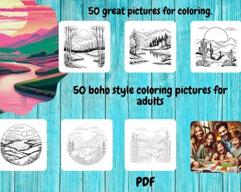 Printable coloring book. 50 Boho style coloring book pictures for adults .50 coloring pages in PDF  format
