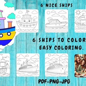 Children&#39;s coloring book for easy coloring .6 coloring pictures on the theme of Ships. Digital download.