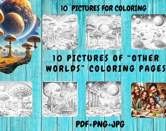 Cosmic Adventure Coloring Pages. Intergalactic Coloring Set.Cosmic Adventure Coloring Pages.Space, Alien Worlds, Galaxy Art