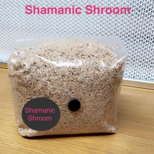 May include: A clear plastic bag filled with a light brown substrate, labelled "Shamanic Shroom".