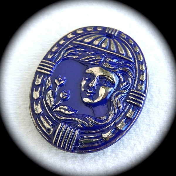 Czech Glass Cameo Button, 42mm 1-5/8 inch - Art Nouveau Flower Maiden - Cobalt Blue Oval Medalion Button - 1 Glass Button on SALE