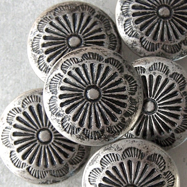 Vintage Silver Tone Buttons 20mm - 3/4 inch Etched Southwest Sunburst Flower or Radiant Sun - 6 VTG NOS Metal Shanks with Black Wash MT46