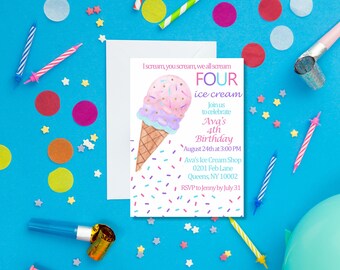 アイスクリーム 4歳の誕生日パーティー招待状：スプリンクルテーマ（デジタル招待状）