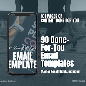 Puede incluir: Un smartphone muestra un producto digital con el texto "90 Plantillas de correo electrónico hechas para ti" y "101 páginas de contenido hecho para ti". El producto incluye derechos de reventa maestra. The Faceless Academy y Passive Income también se mencionan.