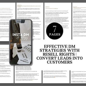 Puede incluir: Una guía de marketing digital con el título "Insta DM Strategy" y el texto "Estrategias DM efectivas que convierten a los escépticos en clientes que pagan". La guía está dividida en siete páginas e incluye consejos para usar mensajes directos en Instagram para convertir clientes potenciales en clientes.