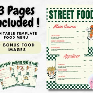 Editable Street Food Menu Template | 3 Pages | Customizable | Bonus Food Images Included