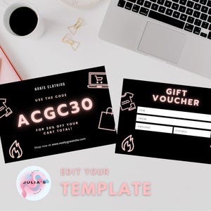 Vale-presente moderno com tema neon para moda – Design elegante em preto e rosa com código de desconto de 30% para compras de roupas online.