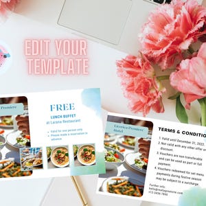 Editable Gift Certificate Template, Small Business Supplies, Printable Gift Voucher, Gift Card, DIY food restaurant  meal breakfast buffet