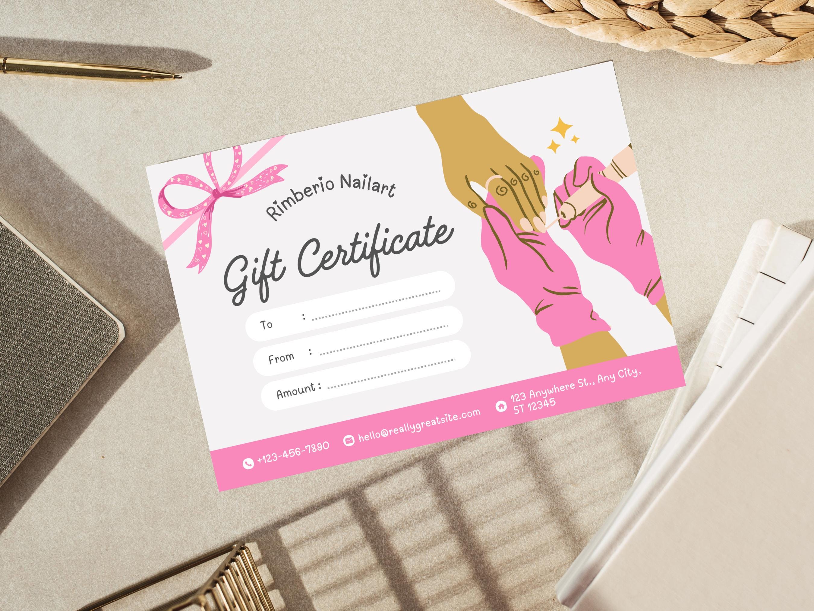 Editable Nail Art Gift Certificate Template | Pink Printable Gift Card for Nail Salons ...
