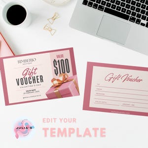 Plantilla de certificado de regalo editable, suministros para pequeñas empresas, vale de regalo imprimible, tarjeta de regalo, regalo de bricolaje, caja de regalo estética rosa y dorada