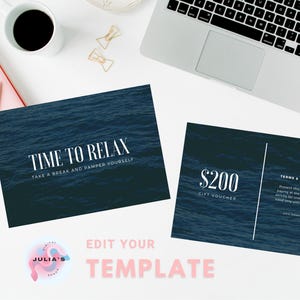 Modèle de chèque-cadeau modifiable, fournitures pour petites entreprises, chèque-cadeau imprimable, carte-cadeau, bricolage cadeau détente détente au spa bleu océan