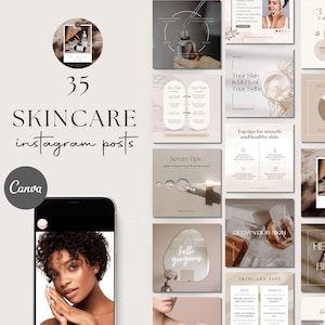 Könnte beinhalten: Eine Sammlung von 35 Instagram-Post-Vorlagen für die Hautpflege. Die Vorlagen bieten eine Vielzahl von Designs, darunter Text, Bilder und Grafiken. Die Vorlagen sollen Unternehmen dabei helfen, ihre Hautpflegeprodukte und -dienstleistungen zu bewerben.