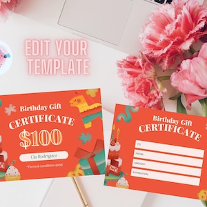 Plantilla de certificado de regalo de cumpleaños editable para fiesta / Vale de cumpleaños imprimible colorido / Plantilla Canva personalizable
