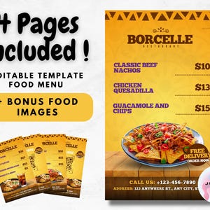 Plantilla de menú de comida editable con imágenes de comida adicionales / 4 páginas incluidas / Diseño de menú de restaurante personalizable para cocina mexicana