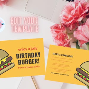 Plantilla divertida y divertida de cupón para hamburguesa de cumpleaños: perfecta para restaurantes y cadenas de comida que ofrecen ofertas especiales en cumpleaños.