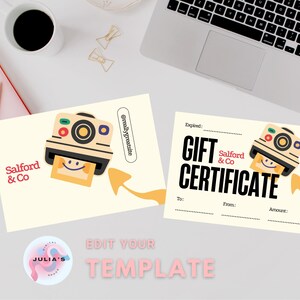 Modèle modifiable de chèque-cadeau pour appareil photo Polaroid | Conception amusante de chèque-cadeau à imprimer | Modèle de toile personnalisable