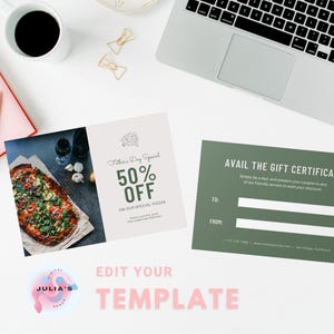 Plantilla de certificado de regalo editable, suministros para pequeñas empresas, vale de regalo imprimible, tarjeta de regalo, comida casera, desayuno tipo buffet en un restaurante