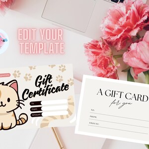 Plantilla de certificado de regalo editable con un lindo gato / Diseño de Canva imprimible para amantes de las mascotas / Vale personalizable para cualquier ocasión