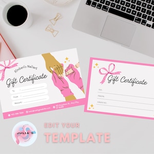Modello di buono regalo per nail art modificabile / Buono regalo rosa stampabile per saloni di bellezza / Design Canva personalizzabile