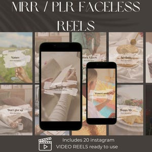 Puede incluir: Un collage de 20 carretes de video de Instagram con diferentes temas, que incluyen naturaleza, lectura, efectos de trabajo, estética, trabajo de mujeres y vida feliz. Cada carrete presenta una pantalla de teléfono con una breve descripción y una imagen de fondo borrosa.
