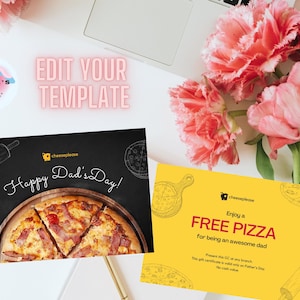Plantilla de certificado de regalo editable, suministros para pequeñas empresas, vale de regalo imprimible, tarjeta de regalo, regalo de pizza para el día del padre, comida para el padre, bricolaje