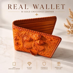Puede incluir: Una cartera plegable de cuero de cocodrilo naranja con una superficie texturizada y bordes cosidos. El interior cuenta con múltiples ranuras para tarjetas. El texto en la imagen dice: REAL WALLET, BI GOLD CROCODILE LEATHER, REAL CROCODILE LEATHER, BI GOLD FINISH, DURABLE & LUXURIOUS, PERFECT GIFT FOR HIM.