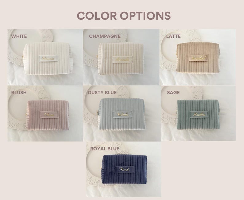 Puede incluir: Una colecci&oacute;n de neceseres de pana en varios colores: blanco, champ&aacute;n, caf&eacute; con leche, rubor, azul polvoriento, salvia y azul real. Cada bolsa tiene forma rectangular con una peque&ntilde;a etiqueta rectangular.