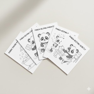 May include: A collection of white cards featuring black and white illustrations of pandas. Each card has a different scene, including a panda taking a bath, helping parents, resting quietly, and more. Text on the cards reads "Panda Taking a Bath" and other phrases.