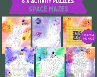 May include: Six space-themed mazes for kids. The mazes feature a rocket, crescent moon, star, planet, robot, and a 1-30 number maze. The mazes are printed on a watercolor background with planets, stars, and comets.