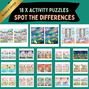 Op de afbeelding: Een set van 18 printbare activiteitenpuzzels voor kinderen. Elke puzzel bevat twee bijna identieke afbeeldingen met subtiele verschillen. De puzzels zijn getiteld "Spot the Differences".