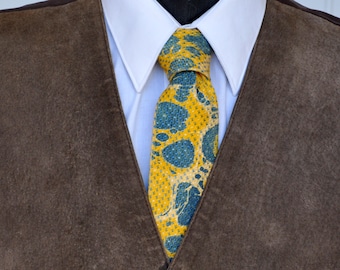 Upcycled Marbled Neck Tie 100% Silk, Blue, and Yellow Spots, Circles, Contemporary, Hipster, Bold, Stylish, #69-17