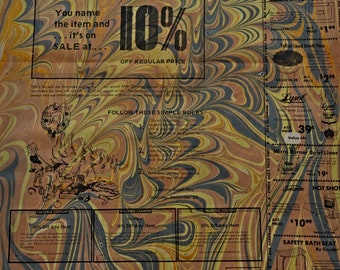 Marmoriertes Historisches Zeitungspapier Werbung | Passend zur Rahmung | Einzigartiges Design | 1973 | Muster | Schwarz | Gelbe | Orange | Blau | MP#35