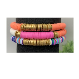 Trendy Vibrant Heishi Clay Bead Bracelet Stack - Orange, Pink and White Bracelet Stack w/ Gold Disc Accents, Perfect Friend Gift, Women Gift