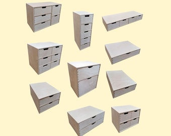 May include: Set of 10 unfinished wooden drawer boxes. The boxes are made of plywood and have a natural wood finish. They are perfect for organizing small items and can be painted or stained to match your decor.