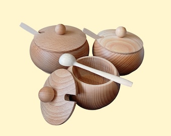 Handcrafted Wooden Beech Wood Sugar Bowl with Lid and Spoon – Available in 3 Sizes