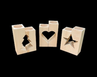 Set of Wooden Candlestick Holders – Tree, Heart, or Star Design for Christmas Tea Lights