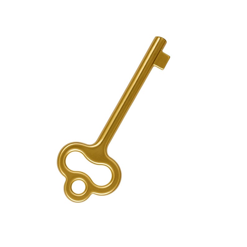 May include: A metallic gold-colored skeleton key featuring a long, slender shaft and a decorative bow with a rounded, clover-like shape. The key has a simple bit at the top end, showcasing a smooth, polished finish throughout its entire structure.