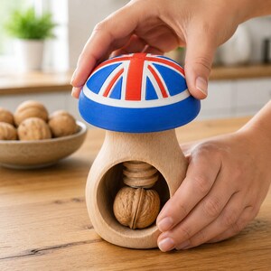 May include: A mushroom-shaped wooden nutcracker featuring a blue, white, and red Union Jack flag design on the cap. The base is made of light-coloured wood with a hollow centre containing a threaded screw mechanism and a single brown walnut.