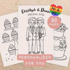 Op de afbeelding: Een gepersonaliseerde trouwkaart met een cartoon illustratie van twee bruidegoms in pak, met bloemen. De kaart bevat de namen "Christoph & Daniel" en de datum "25 juni 2026". De woorden "Gepersonaliseerd voor jou" zijn ook zichtbaar.