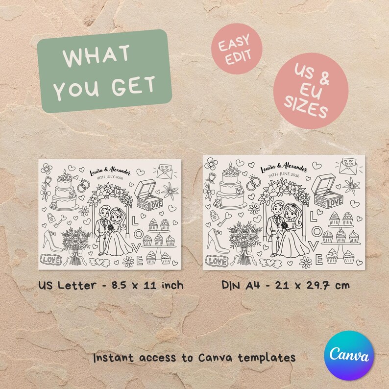 Op de afbeelding: Twee sjablonen met een bruiloftthema met zwarte lijntekeningen. E&eacute;n is US Letter formaat, 8,5 x 11 inch (21,6 x 27,9 cm), en de andere is DIN A4, 21 x 29,7 cm. De ontwerpen omvatten een bruidstaart, een stel en een bloemenboog.