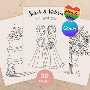 Mrs & Mrs Wedding Coloring Book, 30 Pages, LGBTQ+, Editable Canva Template (Instant Download)